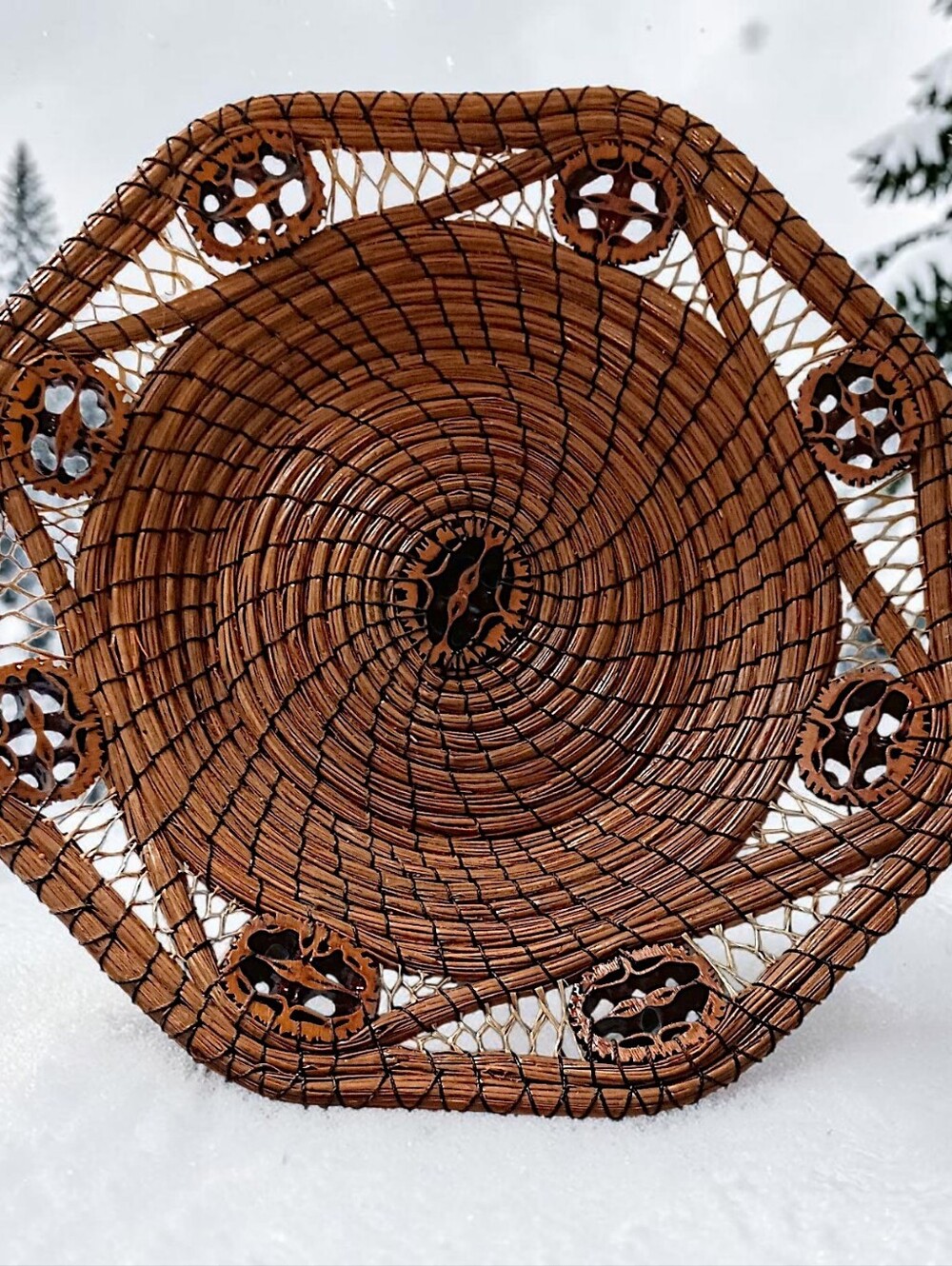 Vintage Long Pine Needle‎ Basket Walnut Slice Inserts Coiled Folk Art Hand Woven